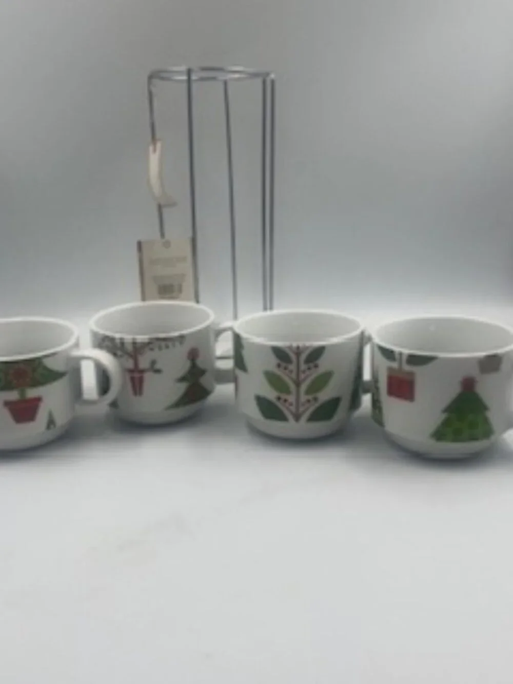 Vintage Pier 1 Christmas Tree Stacking Mugs with metal rack 1990’s era NWT